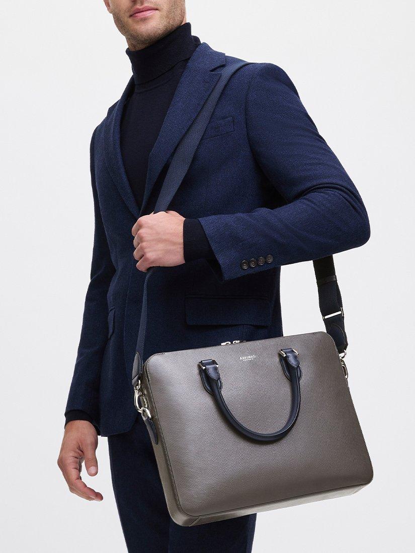 Product image 10 of 11, which shows Aspinal of London Leather Slim Briefcase, Grey/Navy