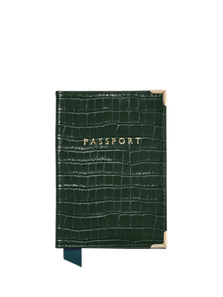 Aspinal of London Croc Effect Leather Passport Cover, Evergreen