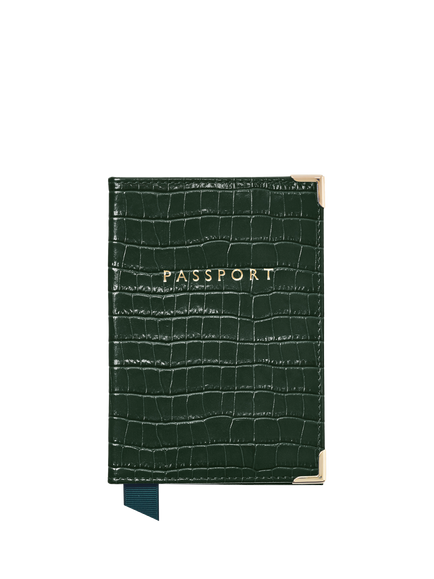Aspinal of London Croc Effect Leather Passport Cover, Evergreen