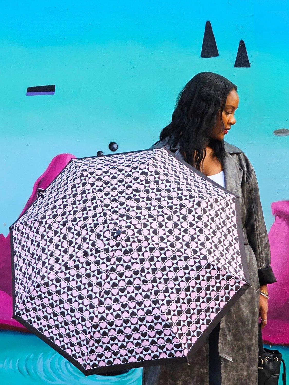 Product image 3 of 9, which shows Fulton L354 Minilite 2 Harlequin Heart Umbrella, Black/Pink/White