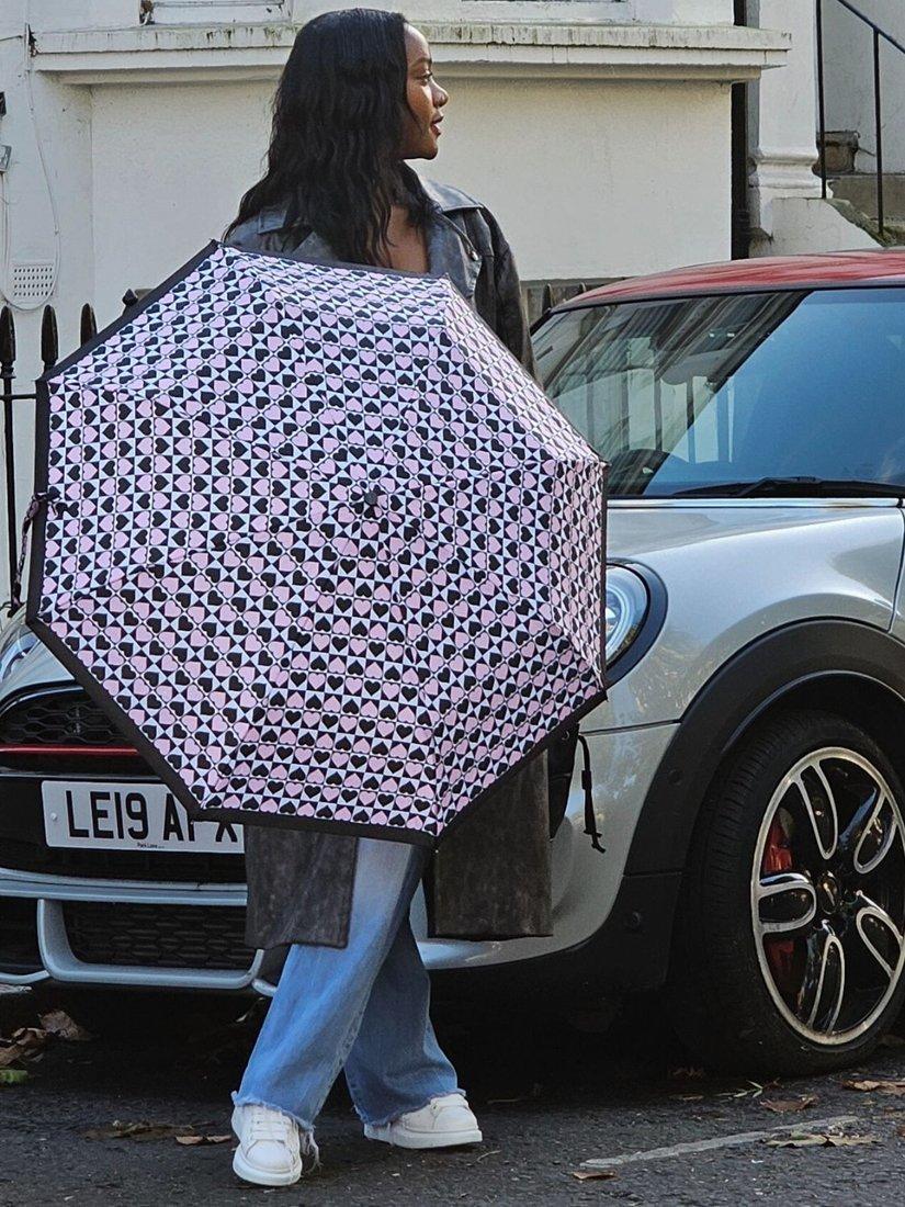 Product image 5 of 9, which shows Fulton L354 Minilite 2 Harlequin Heart Umbrella, Black/Pink/White