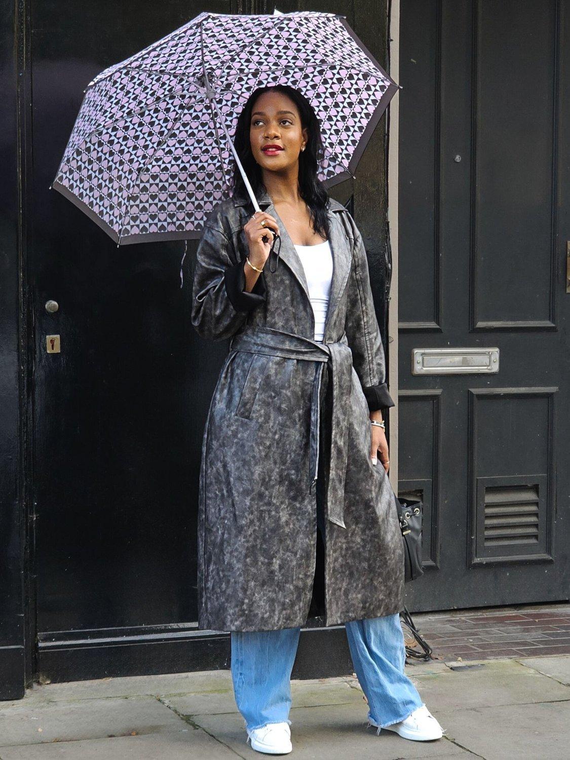 Product image 7 of 9, which shows Fulton L354 Minilite 2 Harlequin Heart Umbrella, Black/Pink/White