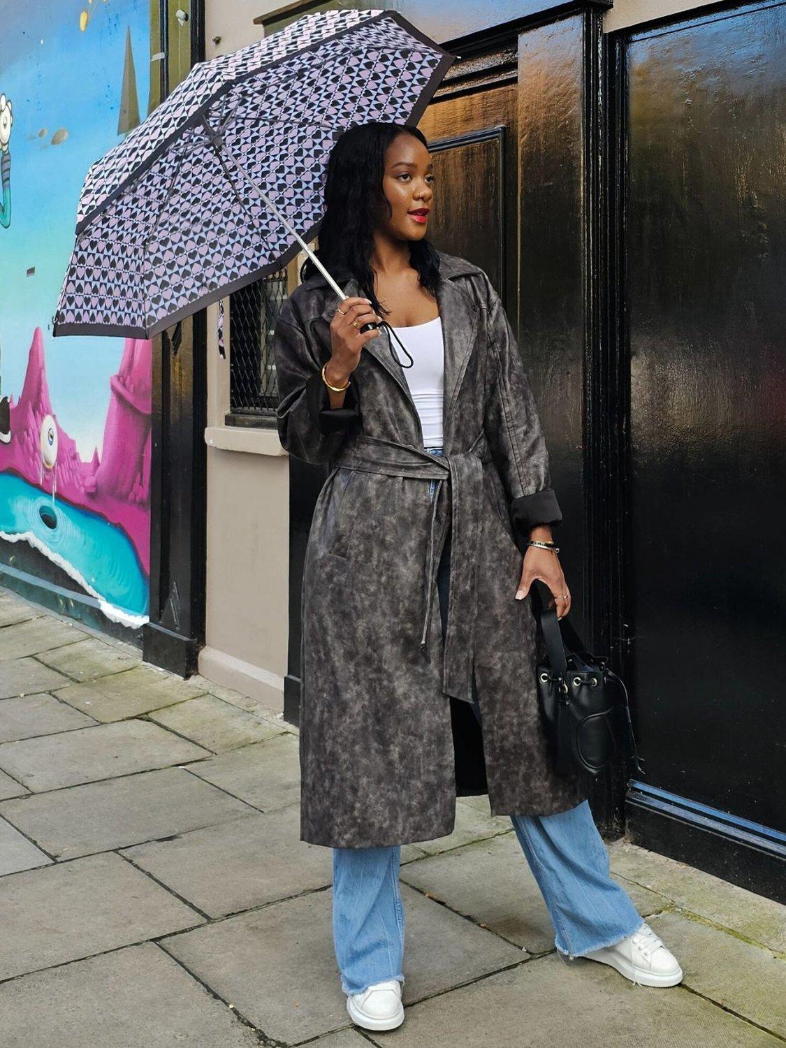 Product image 8 of 9, which shows Fulton L354 Minilite 2 Harlequin Heart Umbrella, Black/Pink/White