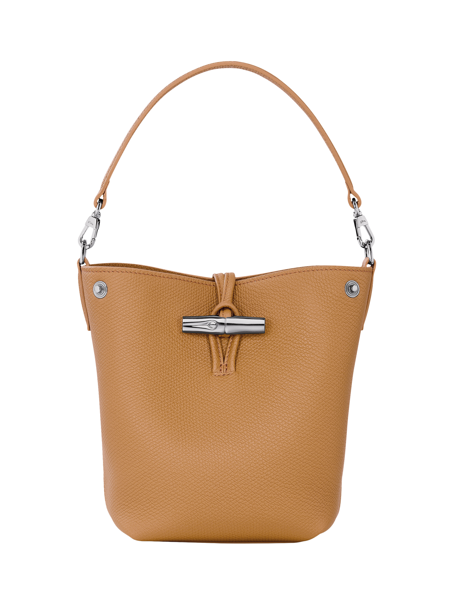 Product image 1 of 6, which shows Longchamp Le Roseau XS Grained Leather Bucket Bag, Walnut