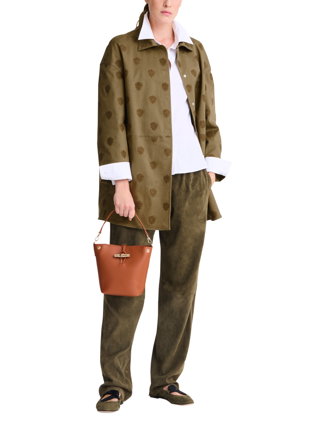 Product image 2 of 5, which shows Longchamp Le Roseau XS Leather Bucket Bag, Bark