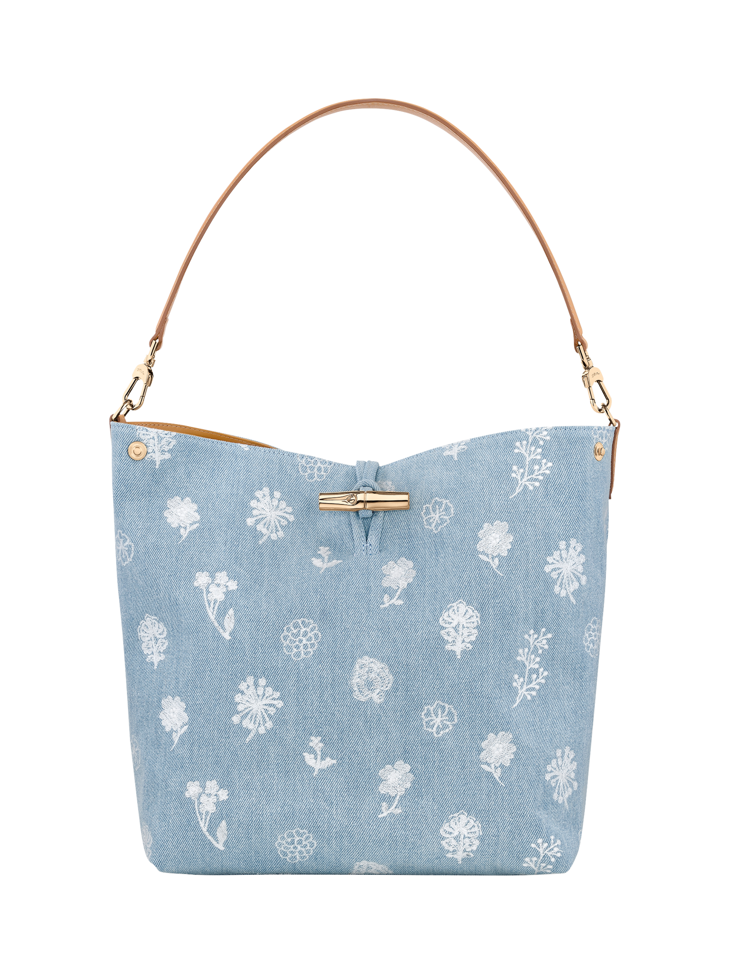 Longchamp Le Roseau M Denim Hobo Bag, Sky Blue