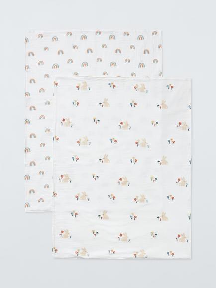 John Lewis Scan Bunny Muslin Blankets, 75 x 100cm, Pack of 2, Multi