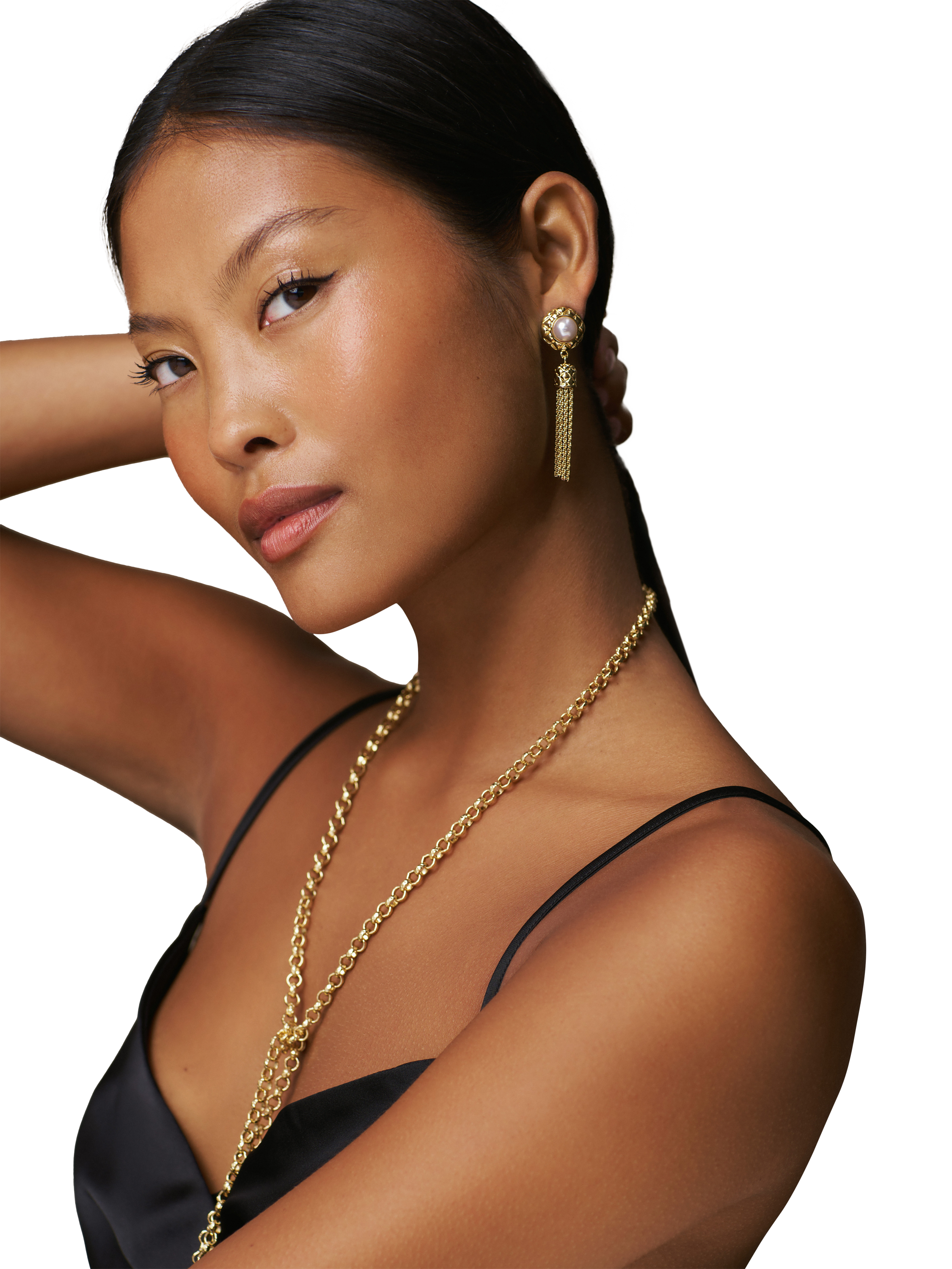 Product image 2 of 3, which shows Orelia Faux Pearl Quilt Tassel Drop Earrings, Pale Gold