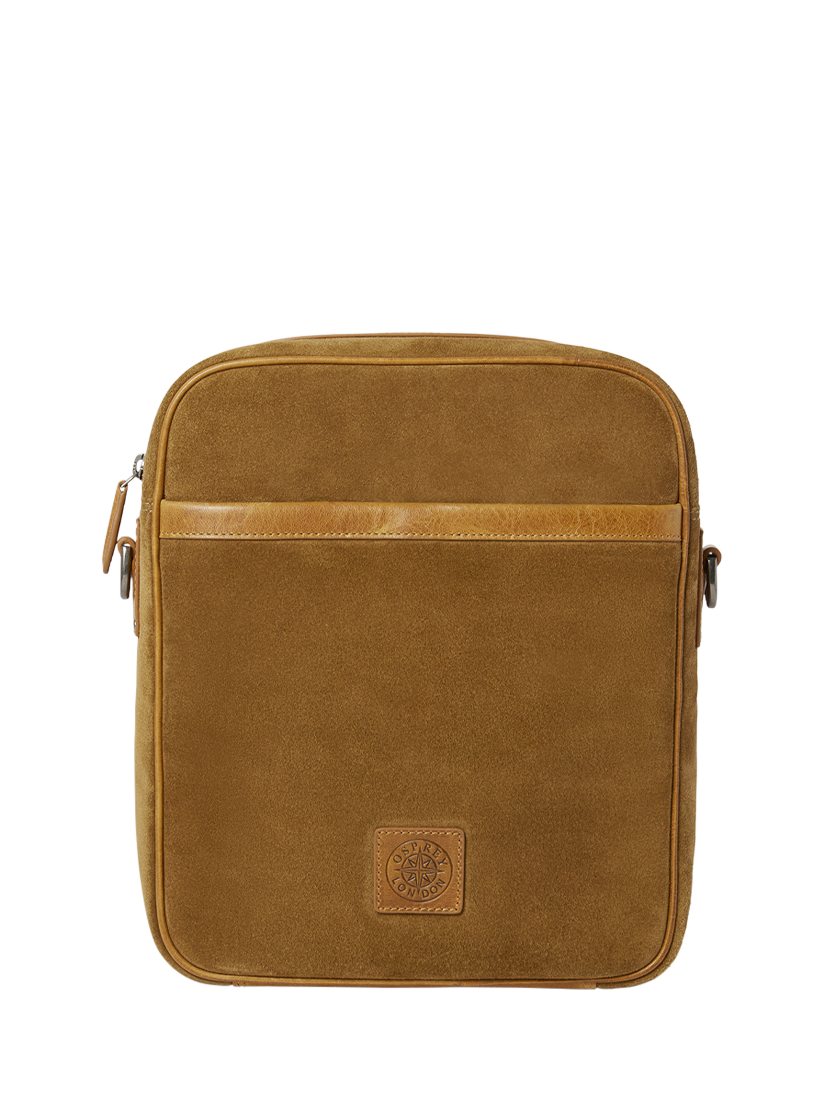 Product image 3 of 6, which shows OSPREY LONDON The Heritage Suede Messenger Bag, Tan