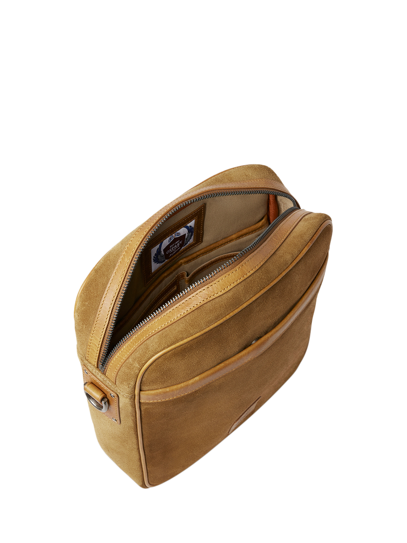 Product image 4 of 6, which shows OSPREY LONDON The Heritage Suede Messenger Bag, Tan