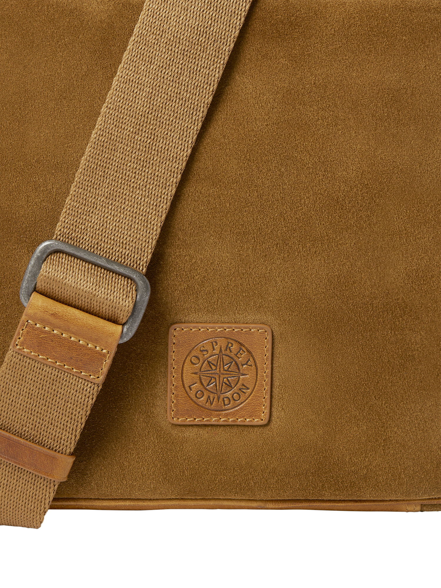 Product image 6 of 6, which shows OSPREY LONDON The Heritage Suede Messenger Bag, Tan