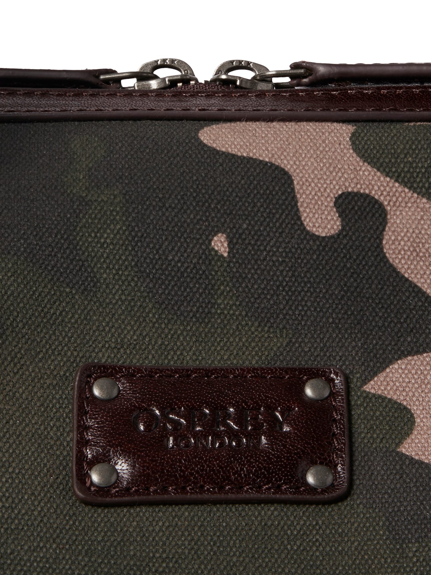 Product image 7 of 7, which shows OSPREY LONDON The Maverick Canvas and Leather Stowaway Bag, Camo