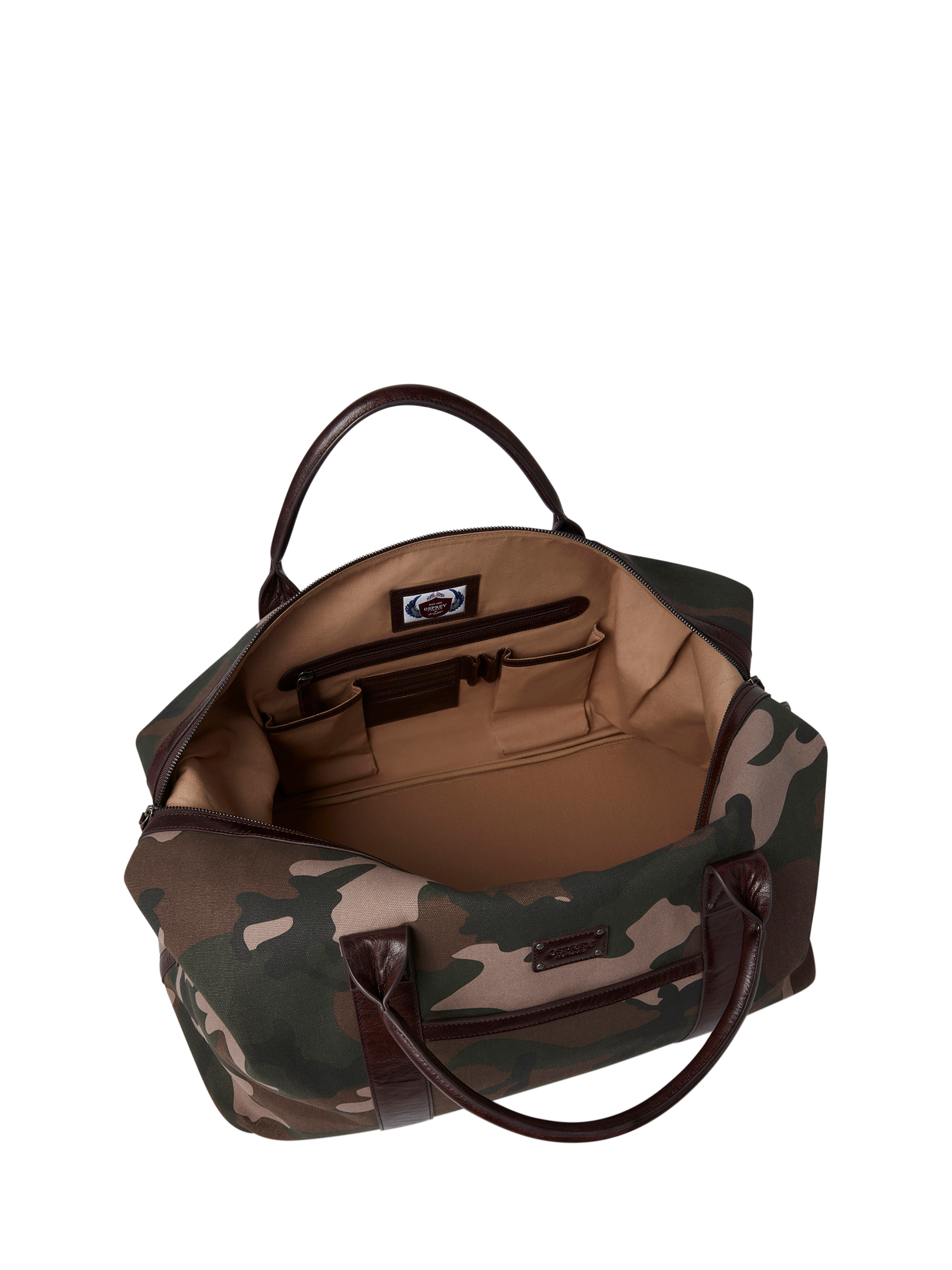 Product image 2 of 5, which shows OSPREY LONDON The Maverick Canvas and Leather Weekend Bag, Camo
