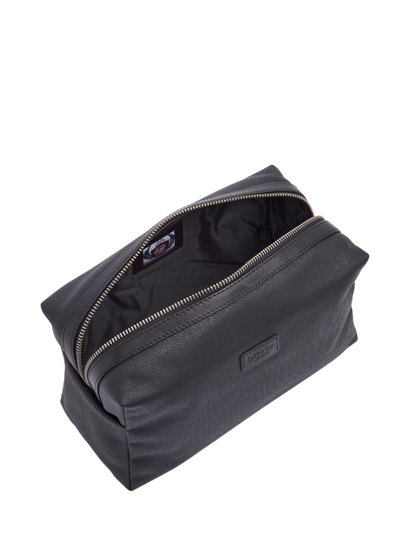 Product image 3 of 4, which shows OSPREY LONDON The Grantham Waxed Canvas and Leather Washbag, Black