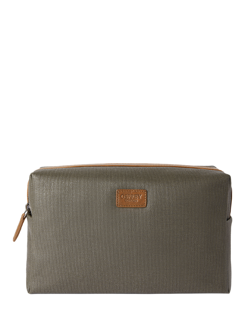 Product image 1 of 4, which shows OSPREY LONDON The Grantham Waxed Canvas and Leather Washbag, Khaki