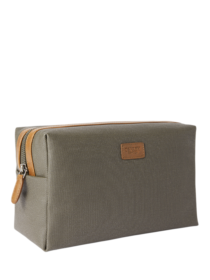 Product image 2 of 4, which shows OSPREY LONDON The Grantham Waxed Canvas and Leather Washbag, Khaki