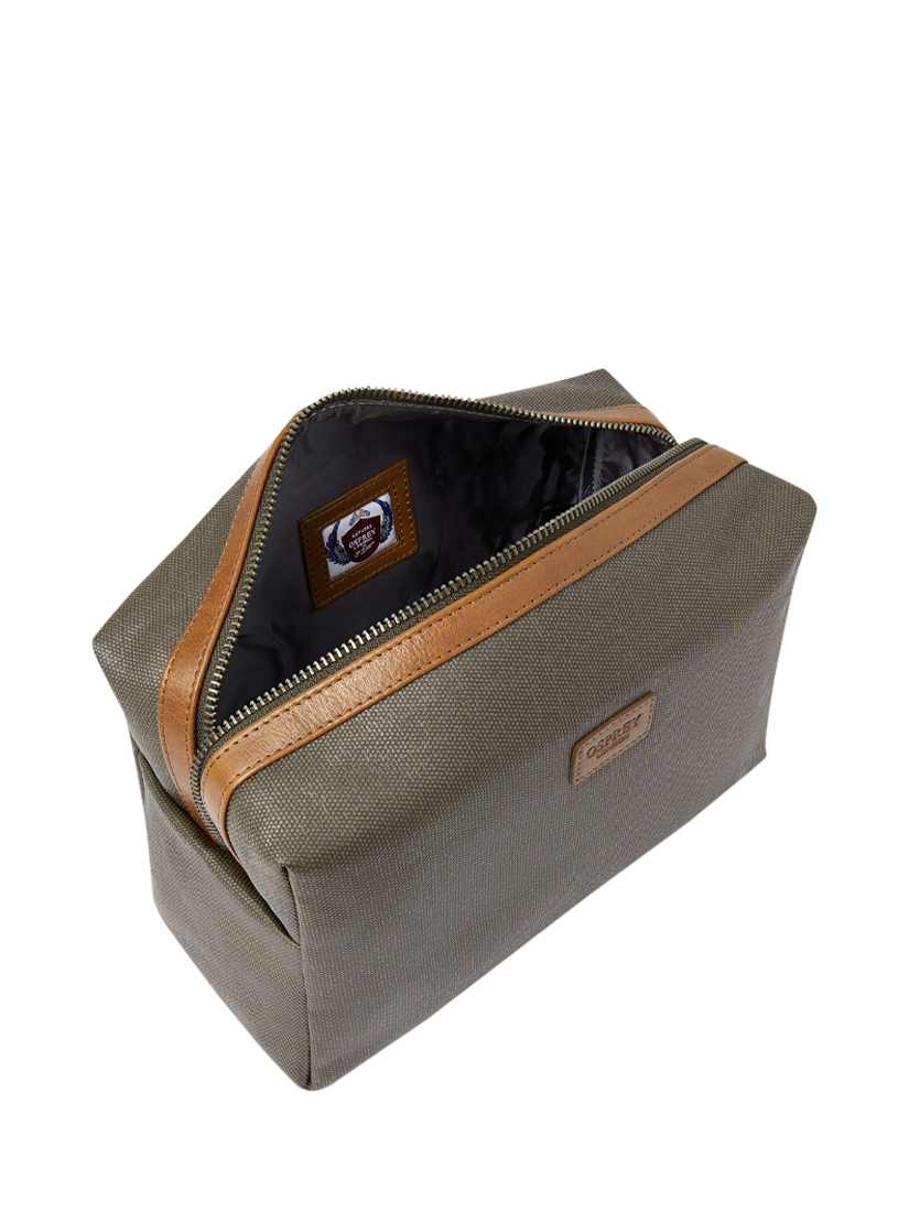 Product image 3 of 4, which shows OSPREY LONDON The Grantham Waxed Canvas and Leather Washbag, Khaki