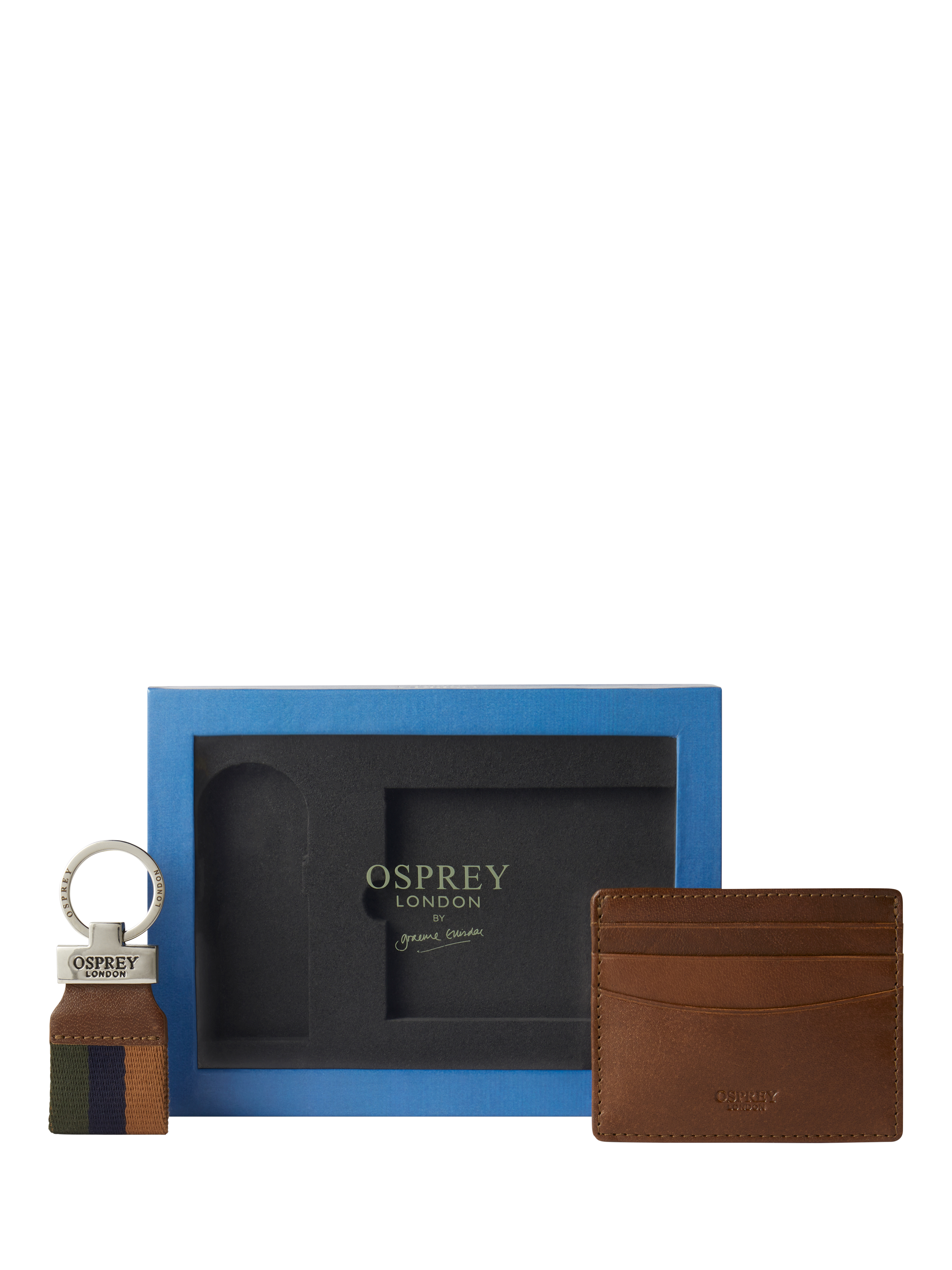 Product image 1 of 5, which shows OSPREY LONDON The Campbell Leather Card Holder and Keyring Set, Cognac