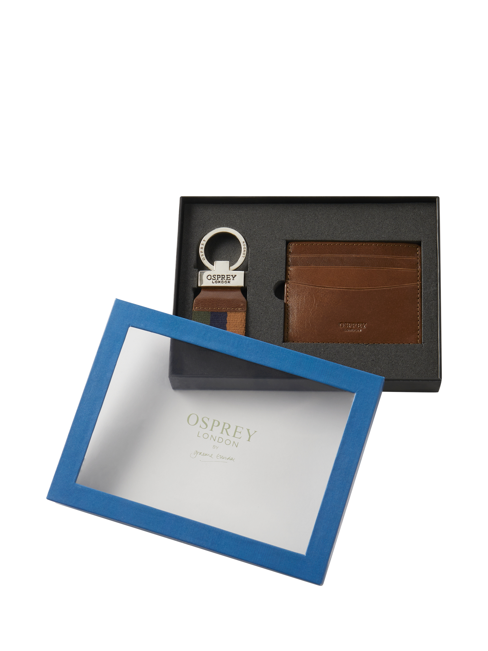 Product image 2 of 5, which shows OSPREY LONDON The Campbell Leather Card Holder and Keyring Set, Cognac