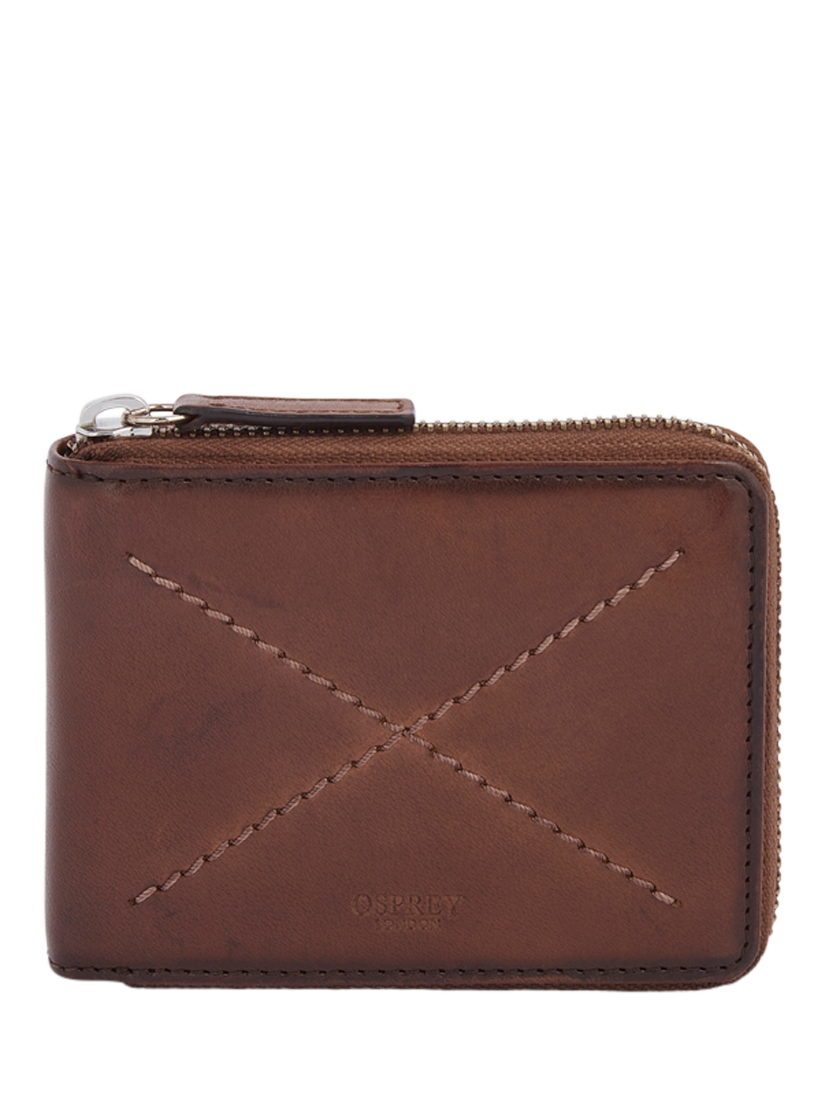 Product image 2 of 7, which shows OSPREY LONDON The X-Stitch Leather Zip Around Wallet, Chestnut