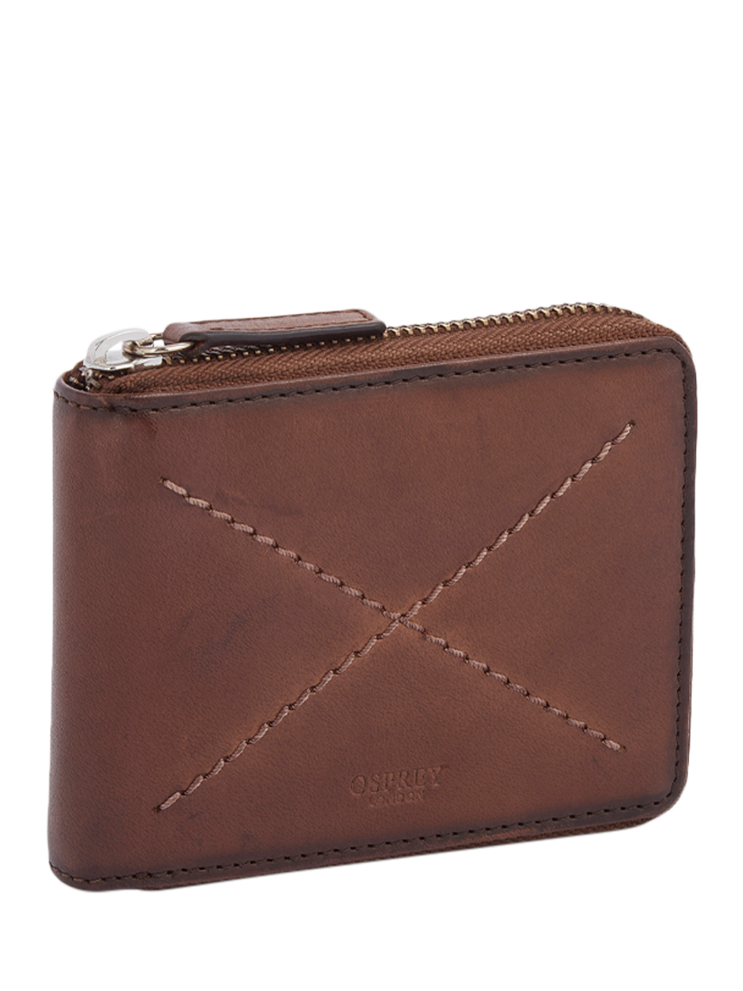 Product image 3 of 7, which shows OSPREY LONDON The X-Stitch Leather Zip Around Wallet, Chestnut