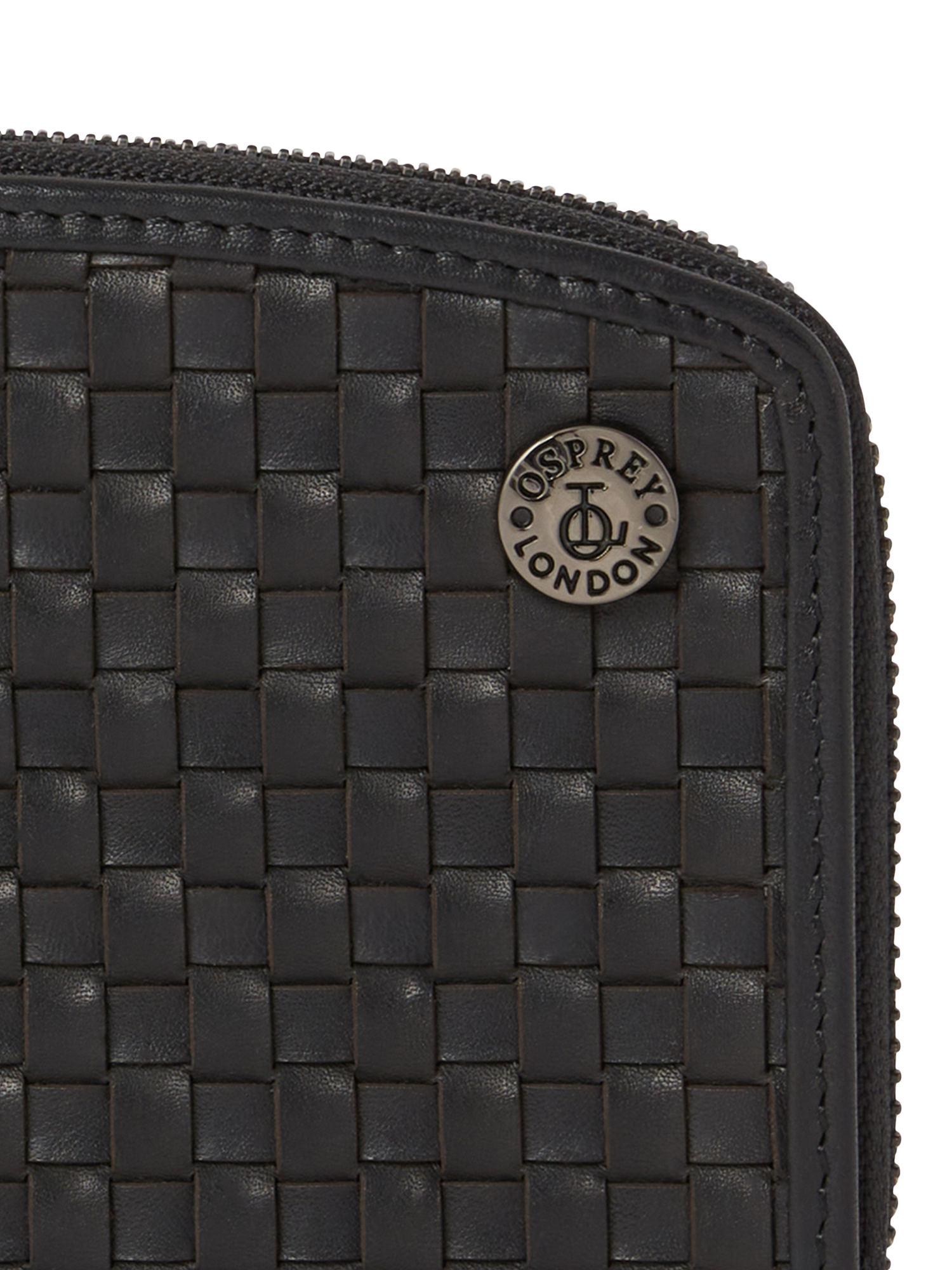 Product image 6 of 6, which shows OSPREY LONDON The Woven Leather Zip Around Purse, Black