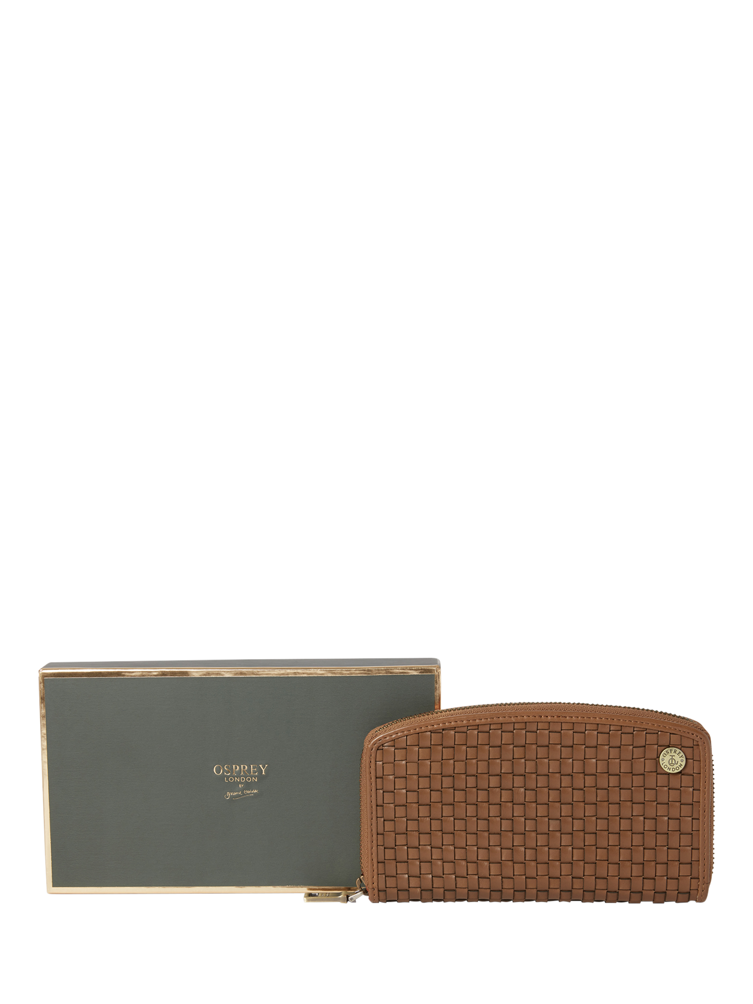 Product image 1 of 6, which shows OSPREY LONDON The Woven Leather Zip Around Purse, Tan