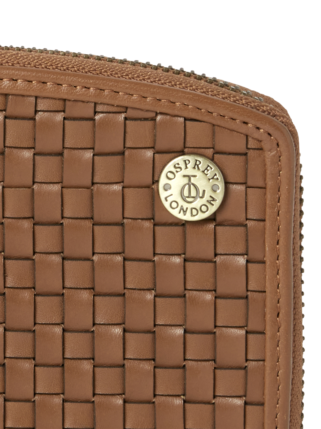 Product image 6 of 6, which shows OSPREY LONDON The Woven Leather Zip Around Purse, Tan