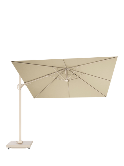 Pacific Challenger T2 Rectangular Free-Arm Tilt Parasol & Sandstone Base with Cover, 3.5 x 2.6m, Champagne, Champagne