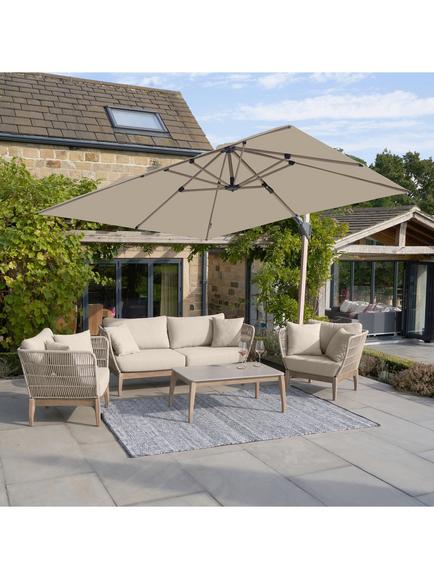 Pacific Challenger T2 Rectangular Free-Arm Tilt Parasol & Sandstone Base with Cover, 3.5 x 2.6m, Champagne - view 2, Champagne