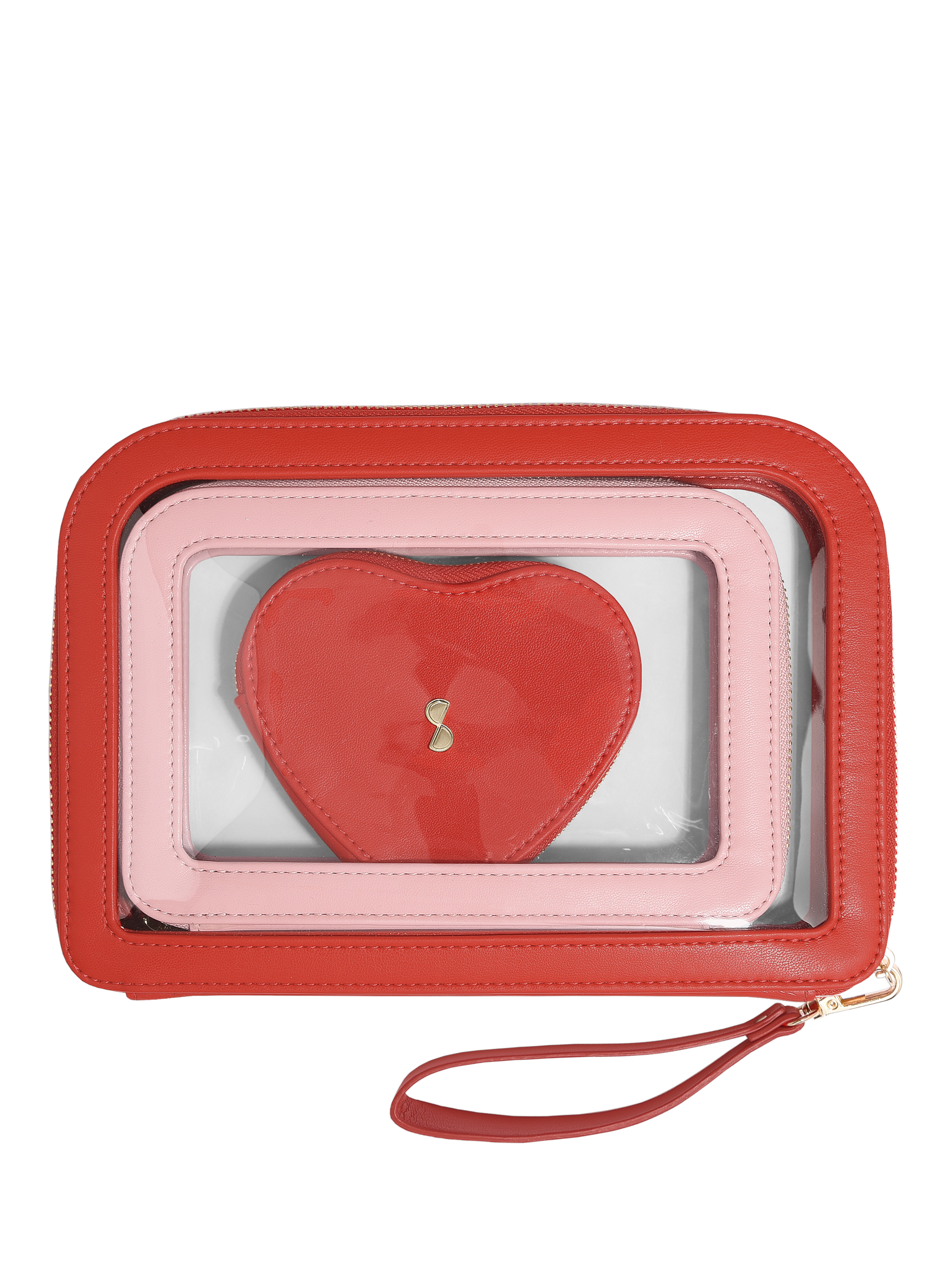 Product image 1 of 4, which shows Stackers Heart Trio Wash Bag Set, Pink/Red