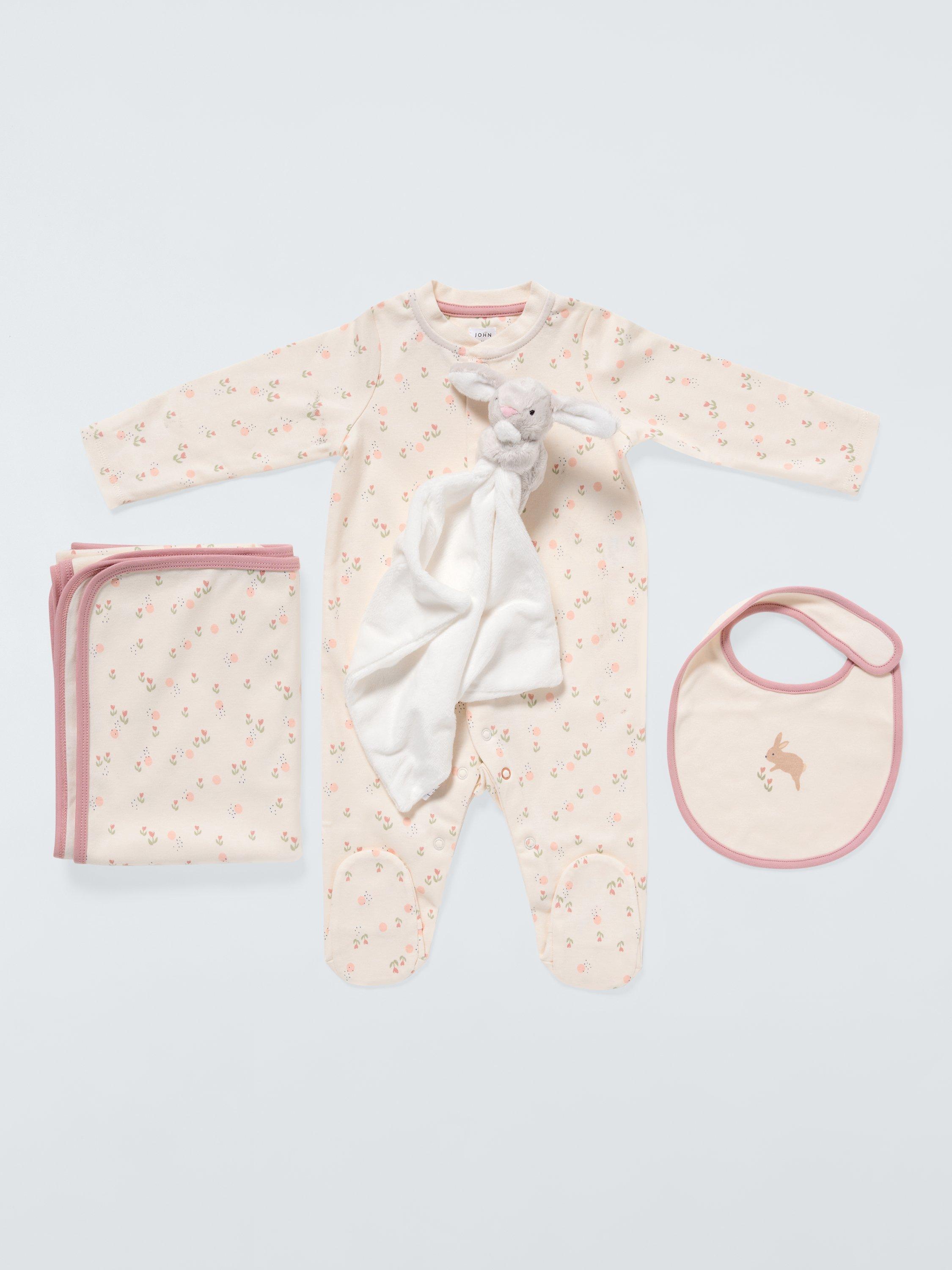 Product image 1 of 4, which shows John Lewis Baby Floral Bunny Sleepsuit, Bib, Blanket and Bunny Comforter Gift Set