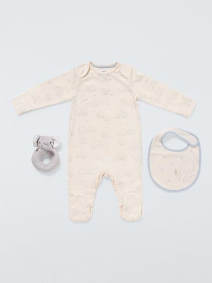 John Lewis Baby Elephant Sleepsuit, Bib and Elephant Toy Gift Set, Multi