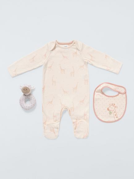 John Lewis Baby Giraffe Sleepsuit, Bib and Giraffe Toy Gift Set, Multi
