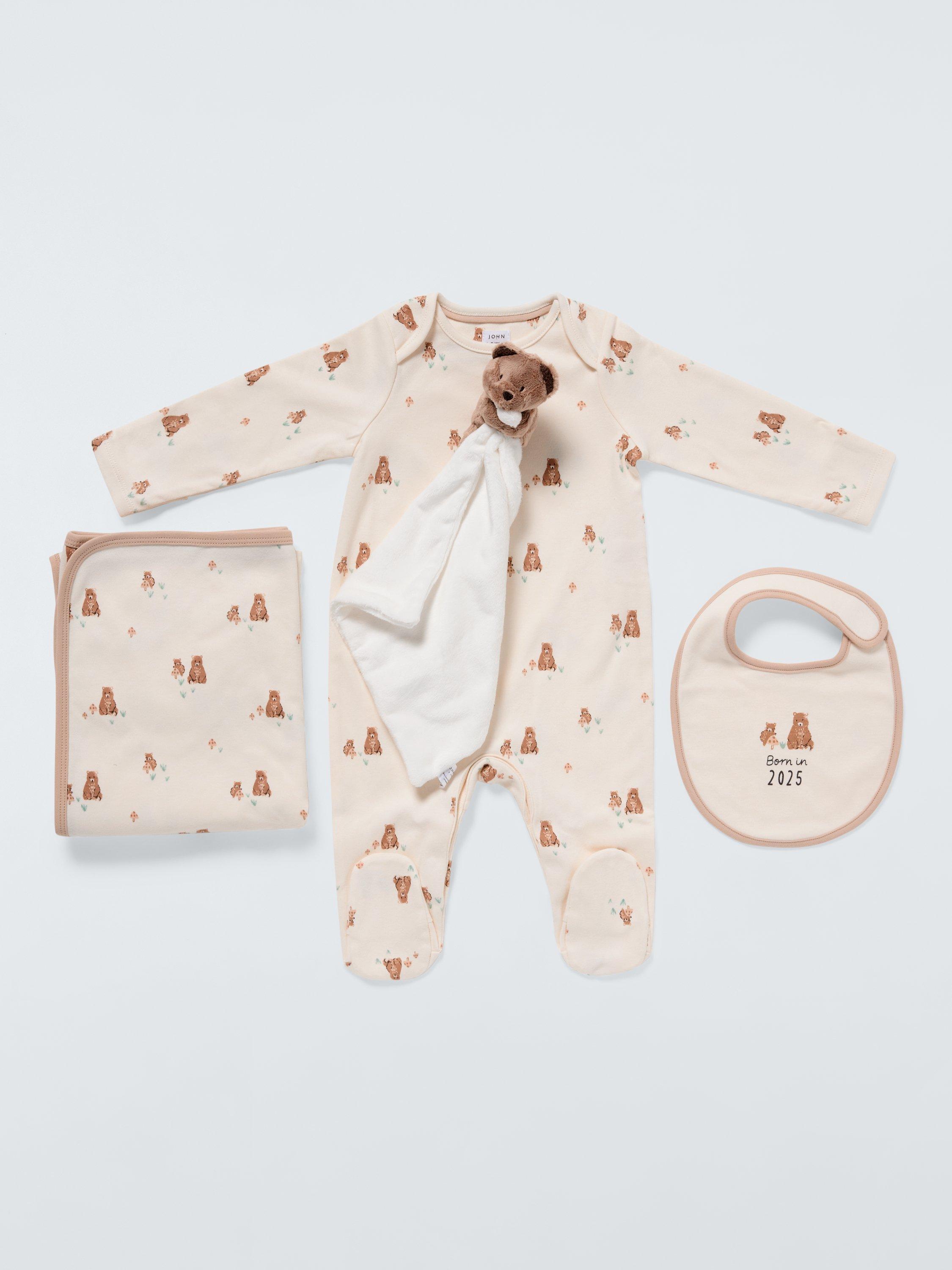 Product image 1 of 4, which shows John Lewis Baby Born in 2025 Sleepsuit, Bib, Blanket and Bear Comforter Gift Set, Multi