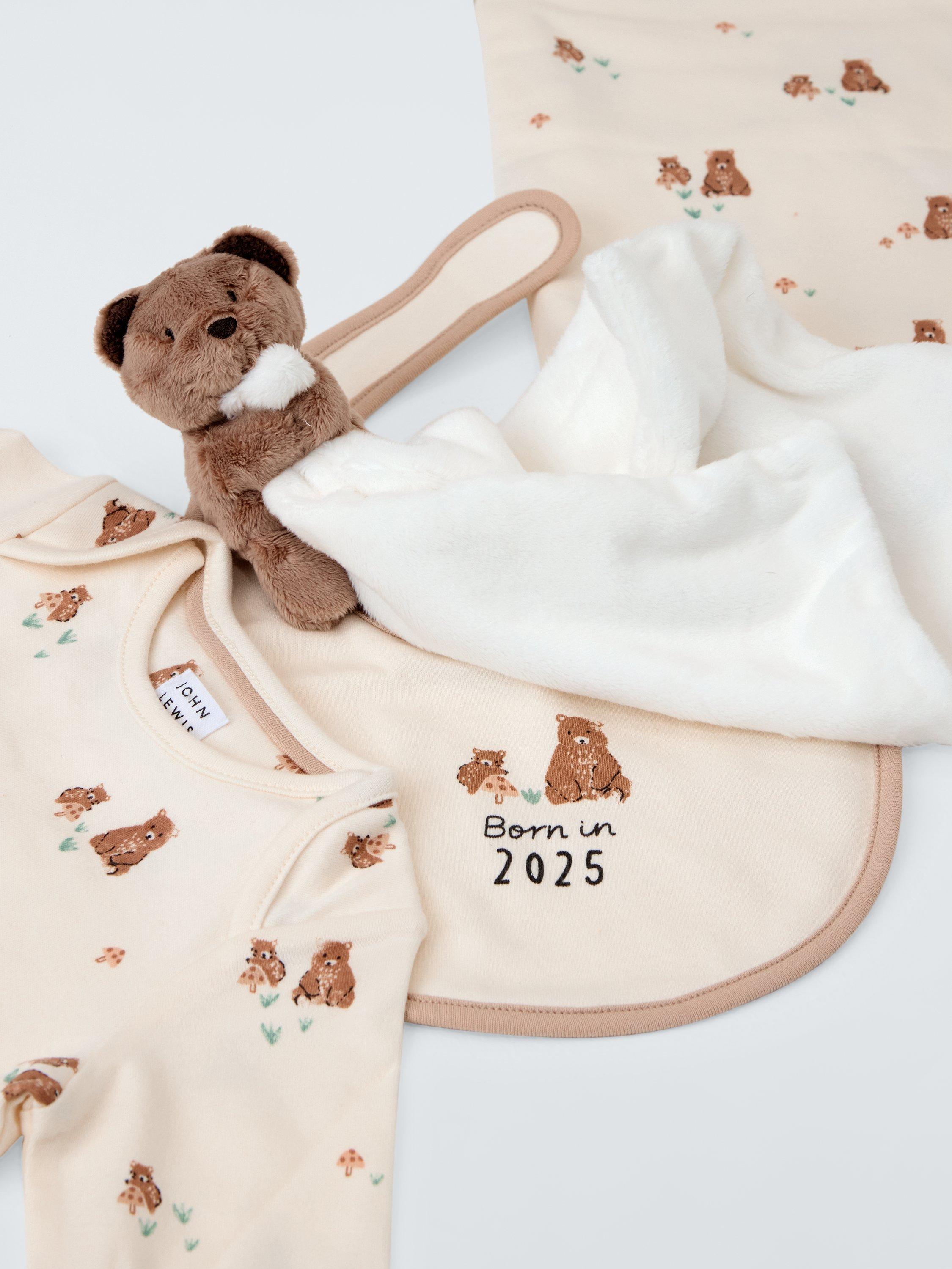 Product image 2 of 4, which shows John Lewis Baby Born in 2025 Sleepsuit, Bib, Blanket and Bear Comforter Gift Set, Multi