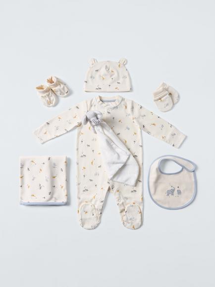 John Lewis Baby Safari Sleepsuit, Hat, Bib, Blanket, Mitts, Booties, Elephant Toy Gift Set, Multi