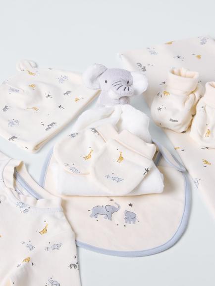 John Lewis Baby Safari Sleepsuit, Hat, Bib, Blanket, Mitts, Booties, Elephant Toy Gift Set - view 2, Multi