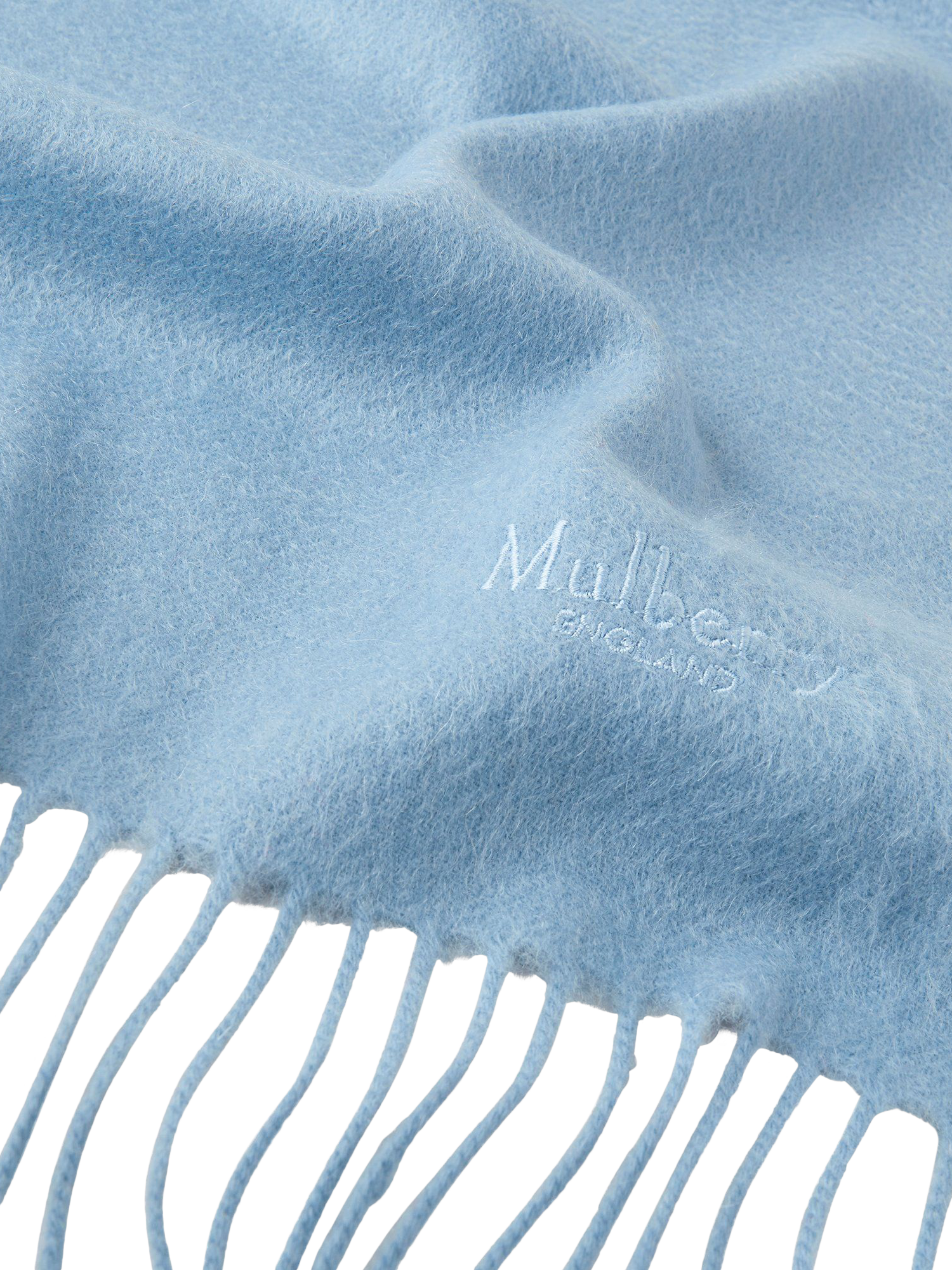 Product image 3 of 4, which shows Mulberry Fringed Cashmere Scarf, Poplin Blue