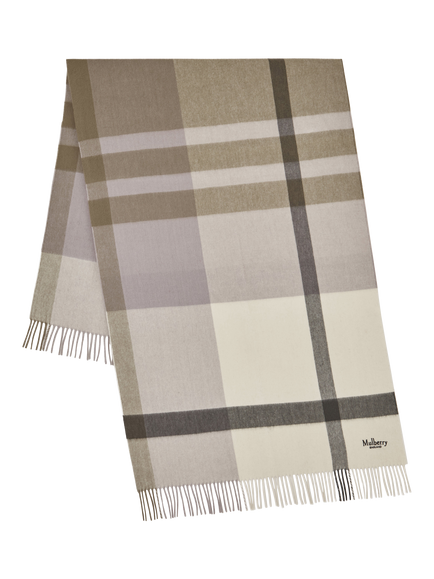 Mulberry Large Check Merino Wool Scarf, Eggshell/Olive