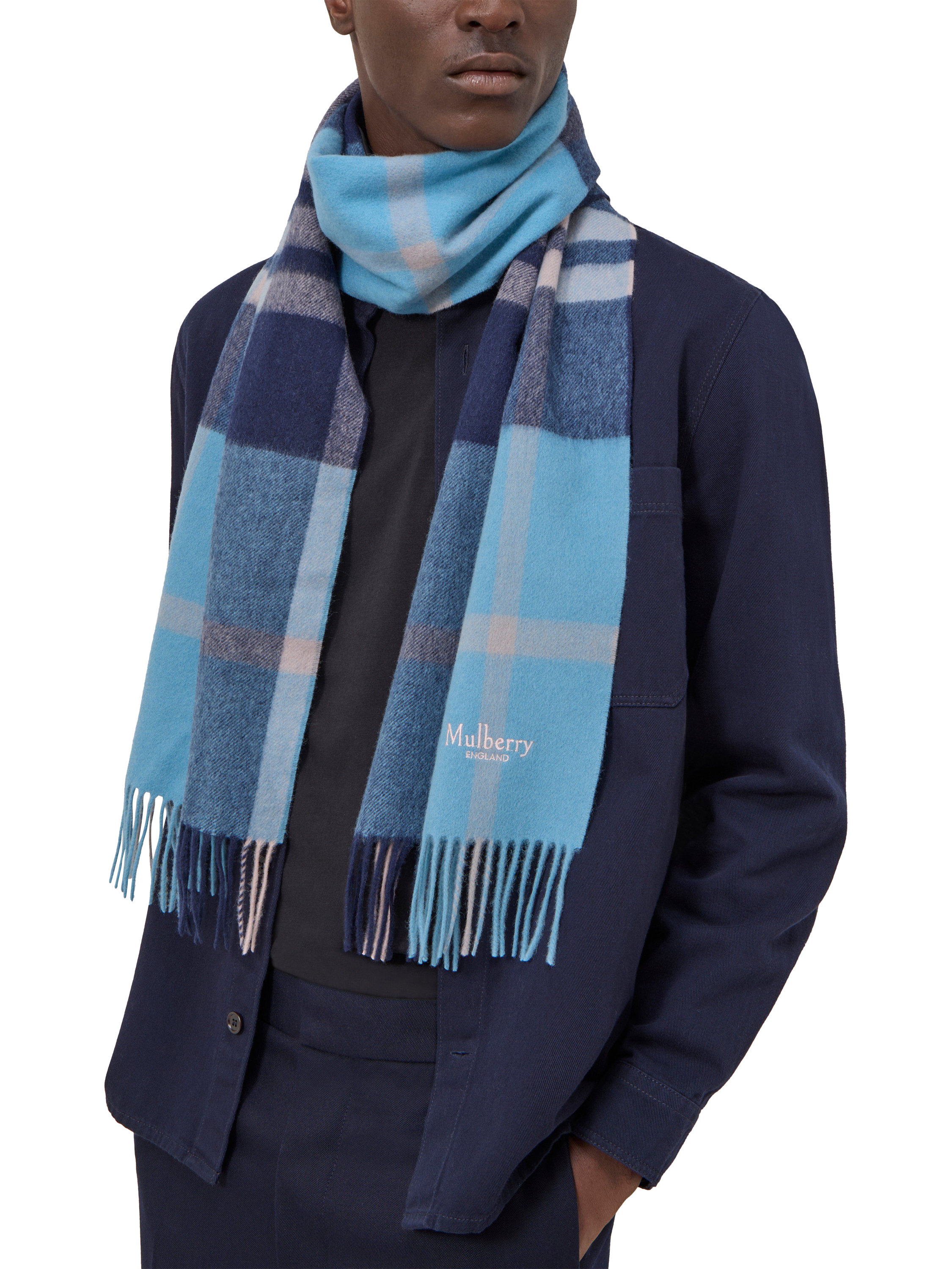 Product image 2 of 2, which shows Mulberry Small Check Merino Wool Scarf, Kingfisher Blue/Powder Rose