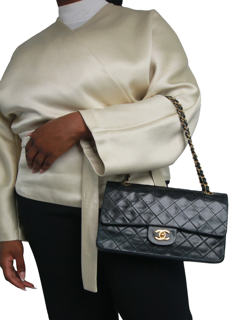 Pre loved CHANEL Vintage 1989 Medium Lambskin Diamond Quilted Classic Double Flap Shoulder Bag Black