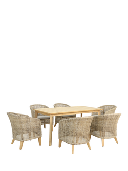 KETTLER Durban 6-Seater Teak Wood Garden Dining Table & Woven Rattan Chairs Set, Grey, 