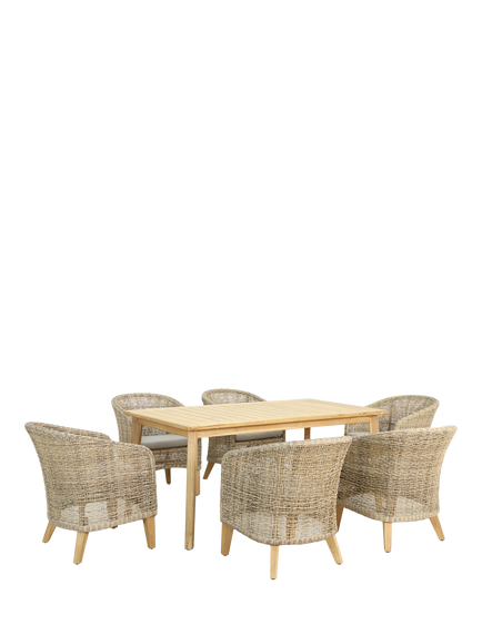 KETTLER Durban 6-Seater Teak Wood Garden Dining Table & Woven Rattan Chairs Set, Grey, Grey