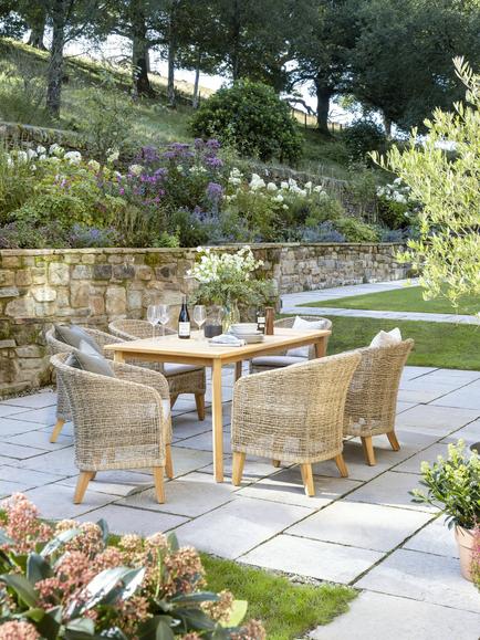 KETTLER Durban 6-Seater Teak Wood Garden Dining Table & Woven Rattan Chairs Set, Grey - view 2, Grey