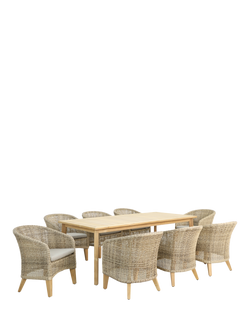 KETTLER Durban 8-Seater Teak Wood Garden Dining Table & Woven Rattan Chairs Set, Grey, 