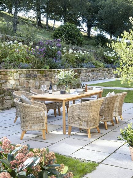 KETTLER Durban 8-Seater Teak Wood Garden Dining Table & Woven Rattan Chairs Set, Grey - view 2, Grey