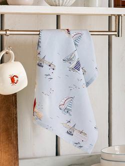 Sophie Allport Coastal Boats Cotton Tea Towel, Soft Blue, White