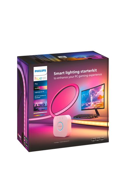Philips Hue Play Gradient Smart Lighting Adjustable Colour Changing LED Lightstrip for 24” to 27” PC Monitors, 15W, 90.5cm, Pack of 3, Starter Kit with Hue Bridge, Multi