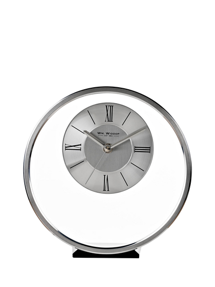 William Widdop Round Analogue Roman Numeral Mantel Clock, Silver
